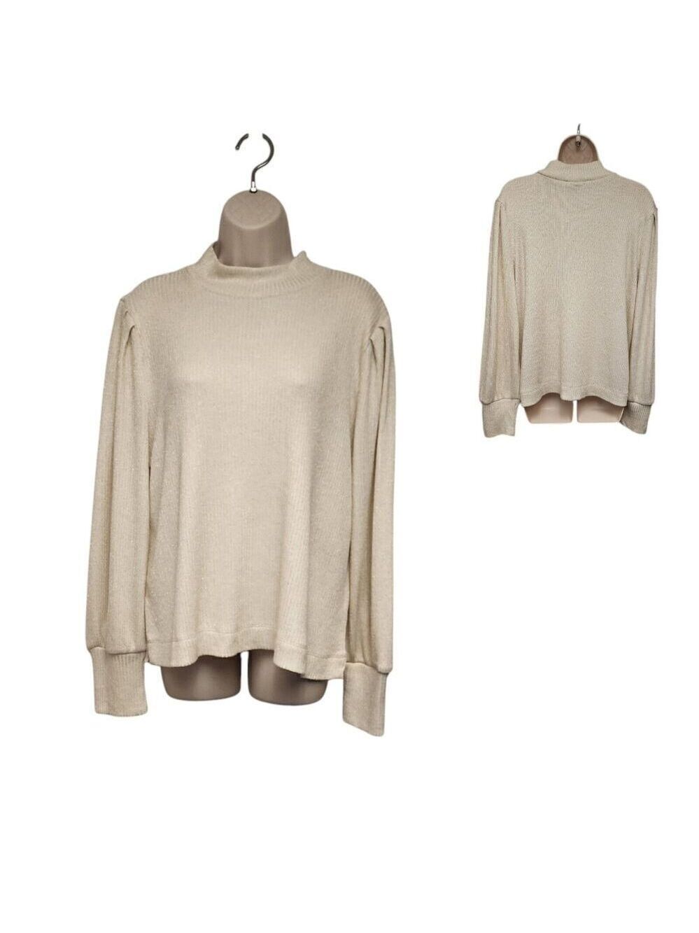 LOFT Women's Gold Metallic Cream Balloon Sleeve Pullover Sweater XL